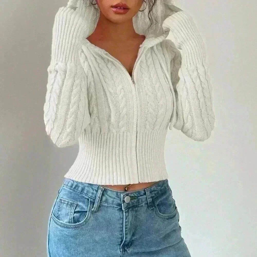 White Casual Women's Fitted Drawstring Hooded Cardigan - Picture 4 of 5